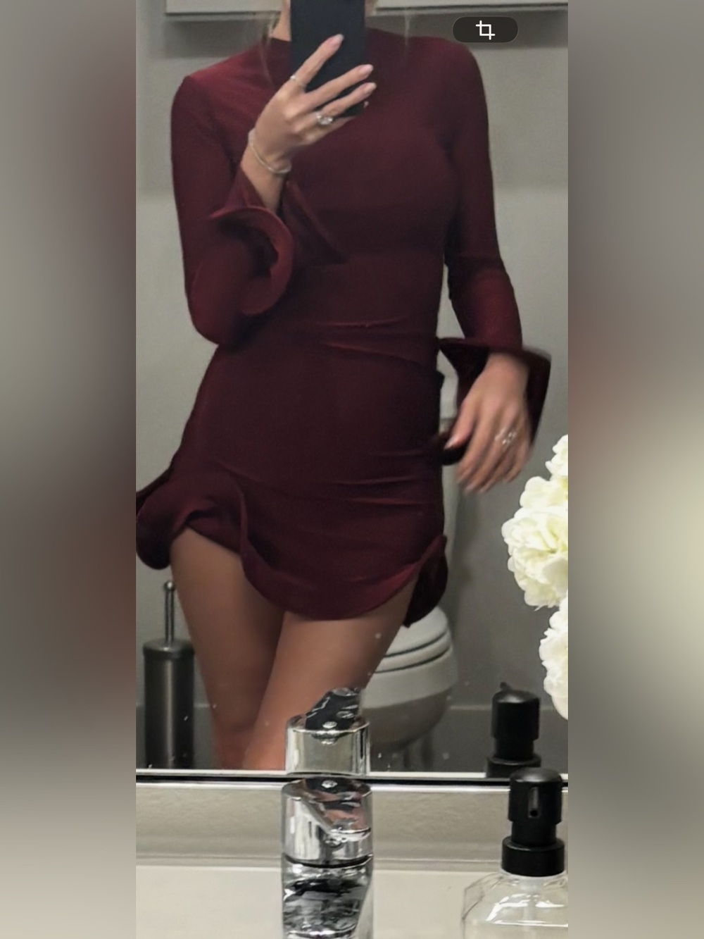 Burgundy Long-Sleeve Ruffle-Hem Mini Dress